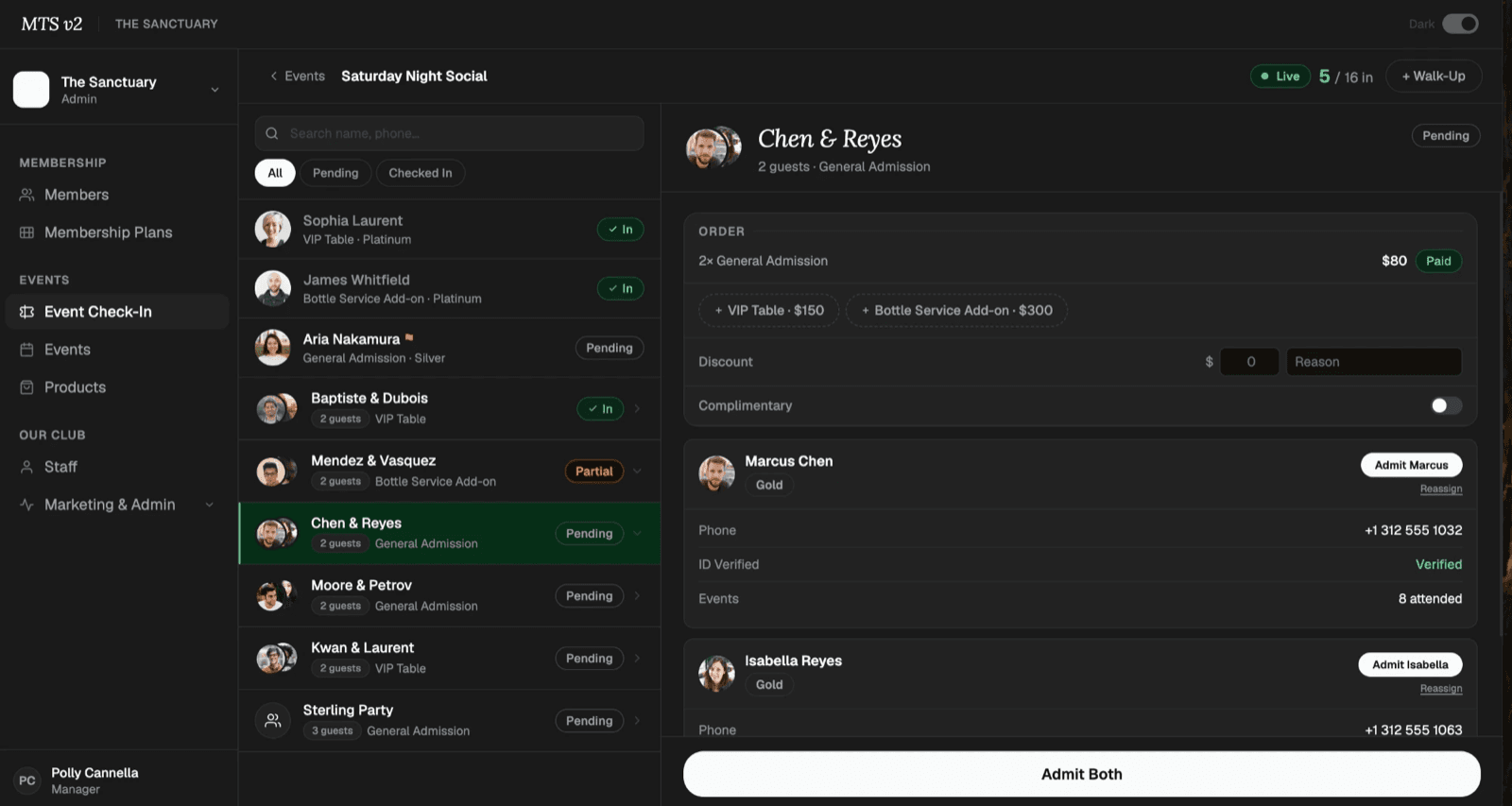 Event check-in — admitting a couple, with per-guest and 'Admit Both' actions