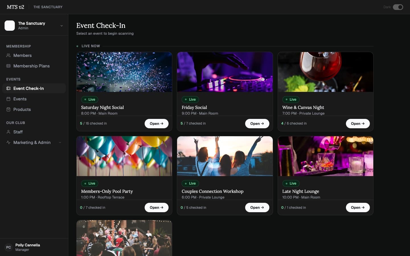 Event check-in — always dark mode, door staff view