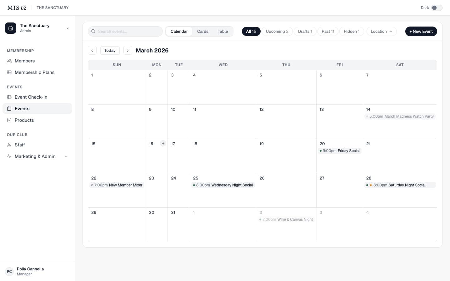Events calendar with status-coded indicators and inline add