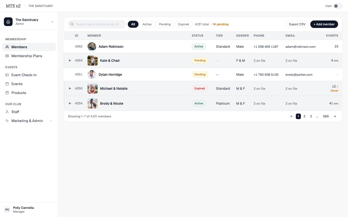 Unified member table with expandable couple rows and status filters