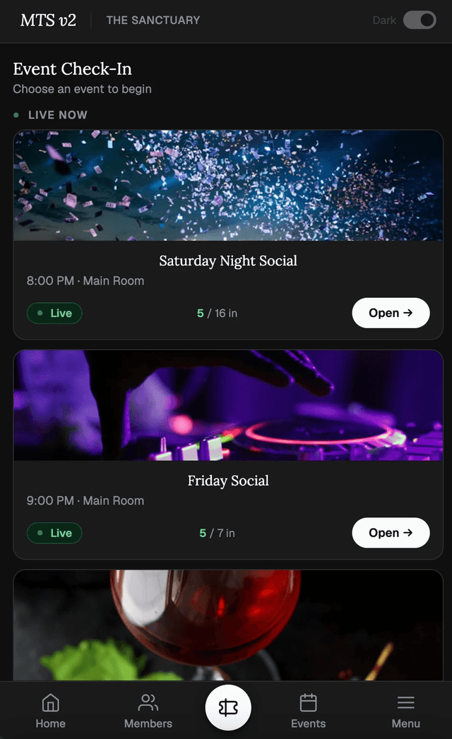 Mobile event picker showing live events