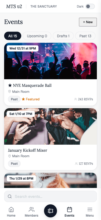 Mobile events list